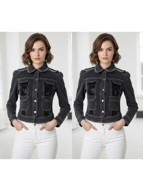 Size M Women's Black boho Denim fitted Jacket 4 pockets beaded balloon sleeves